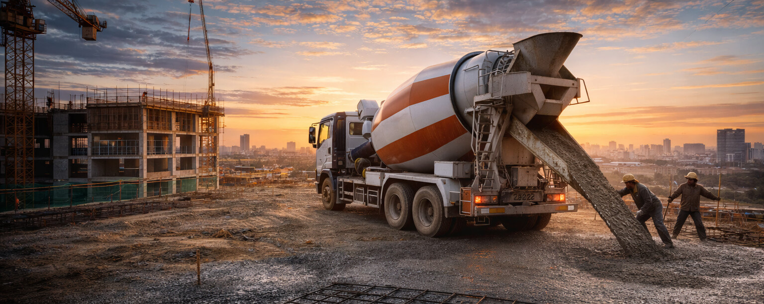Camión mixer de Concretera Perú al atardecer en una obra