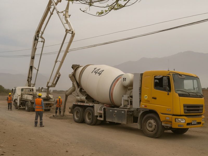 Camión mixer y bomba pluma en una obra junto a la pista