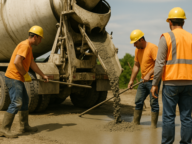 Obreros vaciando concreto desde un camión mixer