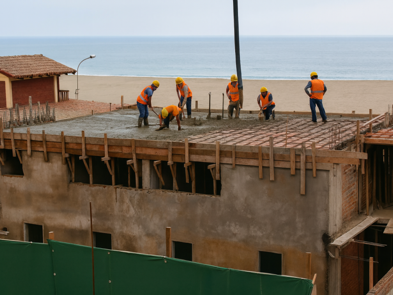Obreros vaciando el techo de una casa frente al mar