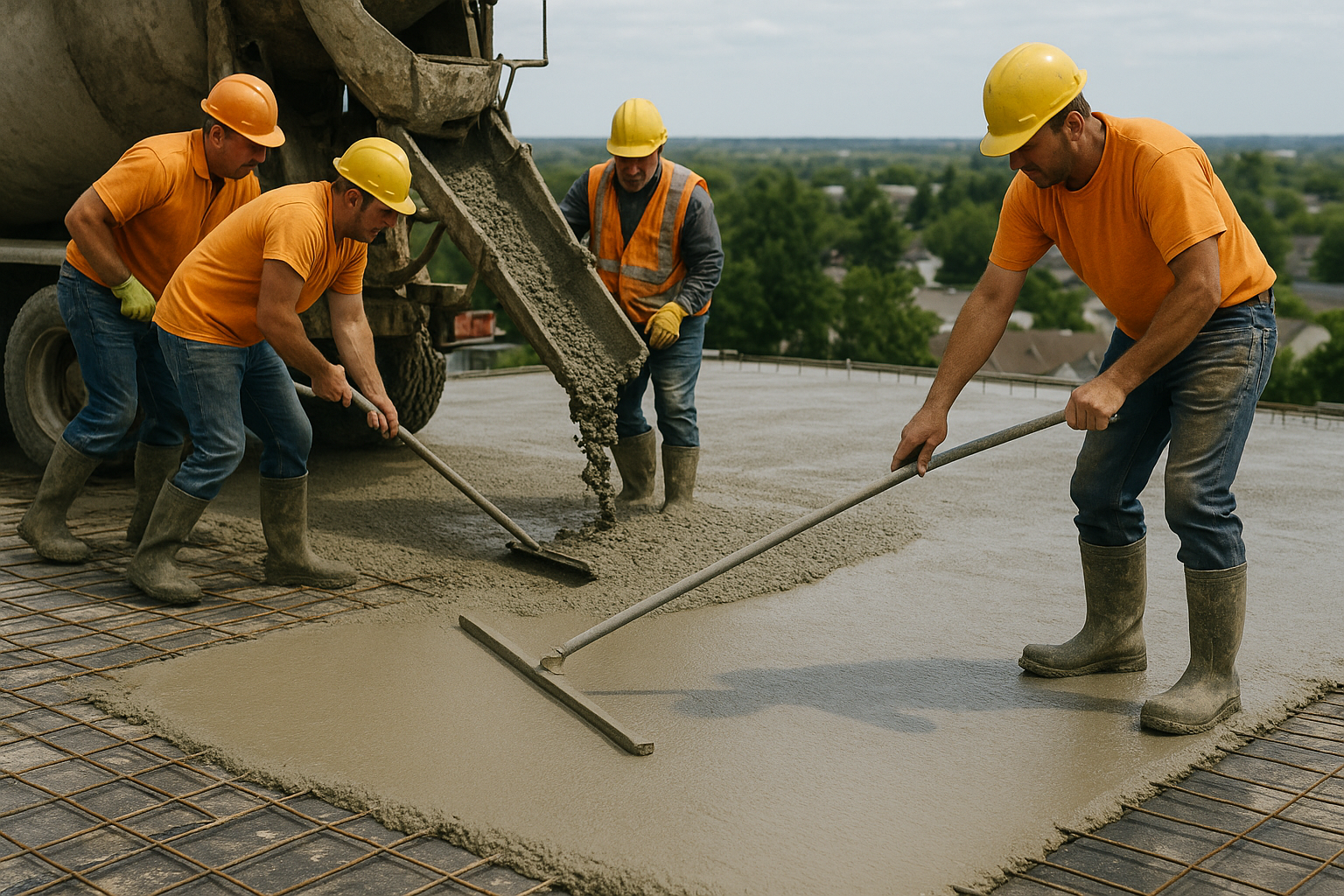 Obreros extendiendo y nivelando concreto fresco sobre una losa